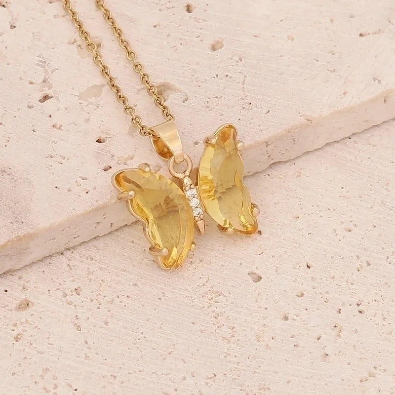 Stainless Steel 18K Gold Plated Fairy Style Inlay Butterfly Crystal Necklace