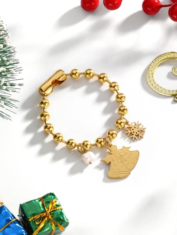 Casual Elegant Lady Santa Claus 304 Stainless Steel Freshwater Pearl 24K Gold Plated Freshwater Pearl Beaded Chain Bracelets In Bulk Christmas