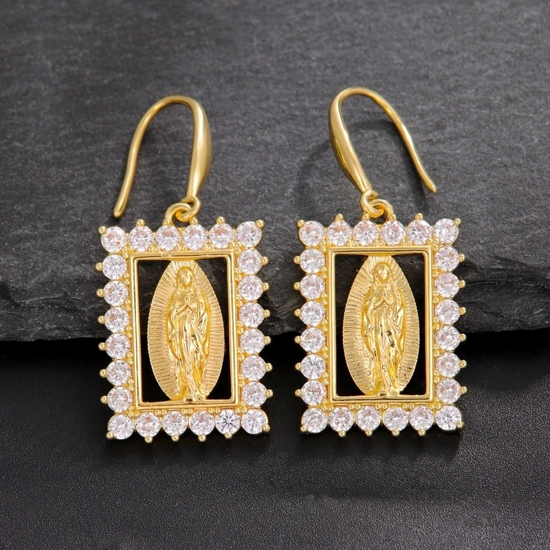 1 Pair Nordic Style Vintage Style Religion Round Oval Rectangle Plating Inlay Copper Zircon 18K Gold Plated Drop Earrings
