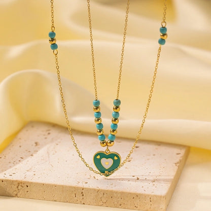 Minimalist Geometric Heart Shape Titanium Steel Shell Zircon 18K Gold Plated Inlay Layered Necklaces Necklace