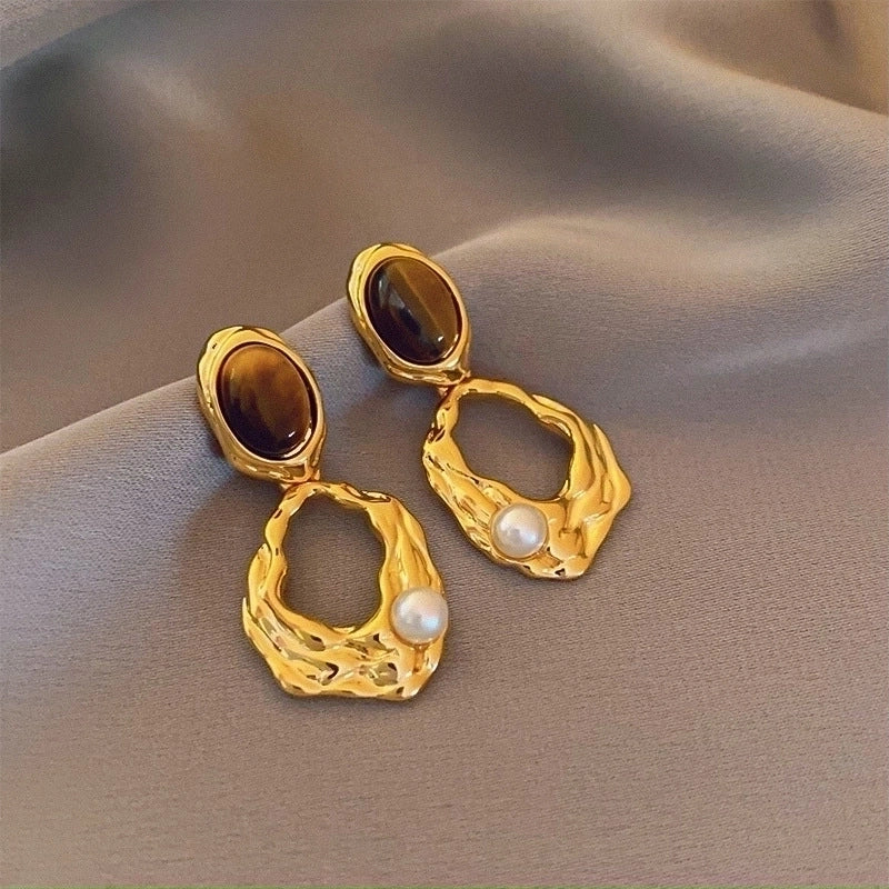 1 Pair Elegant Minimalist Geometric Plating Tiger Eye Drop Earrings Ear Studs