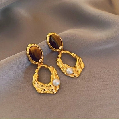 1 Pair Elegant Minimalist Geometric Plating Tiger Eye Drop Earrings Ear Studs