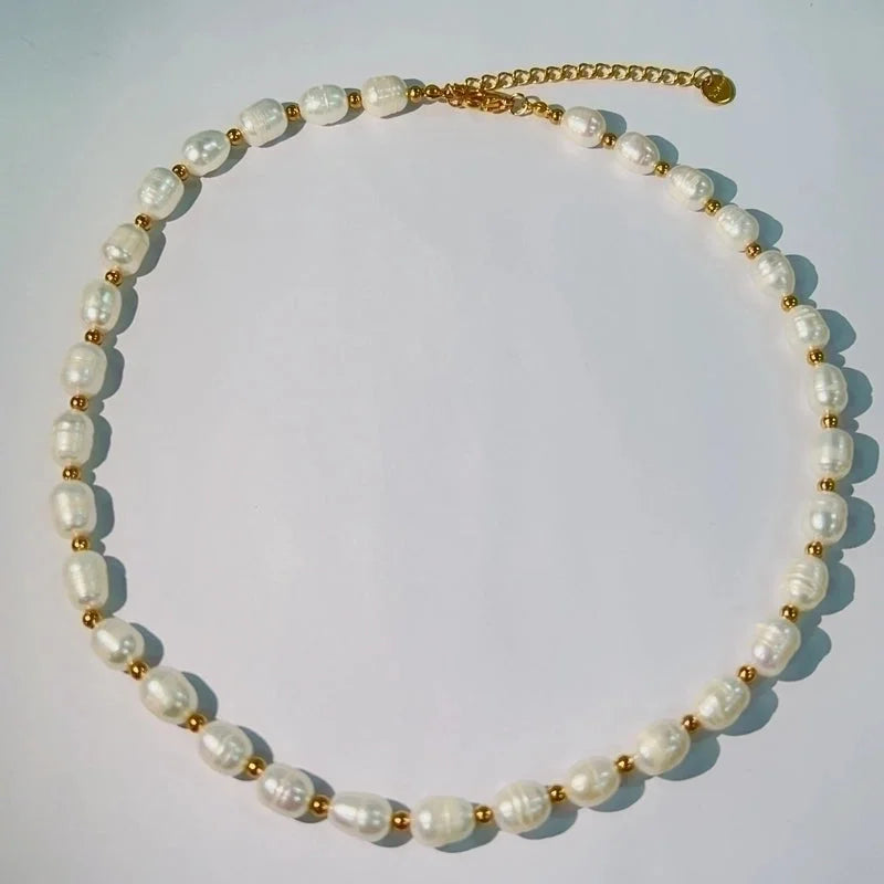 Ig Style Sweet Oval Stainless Steel Freshwater Pearl Beaded Handmade 18k Gold Plated Necklace