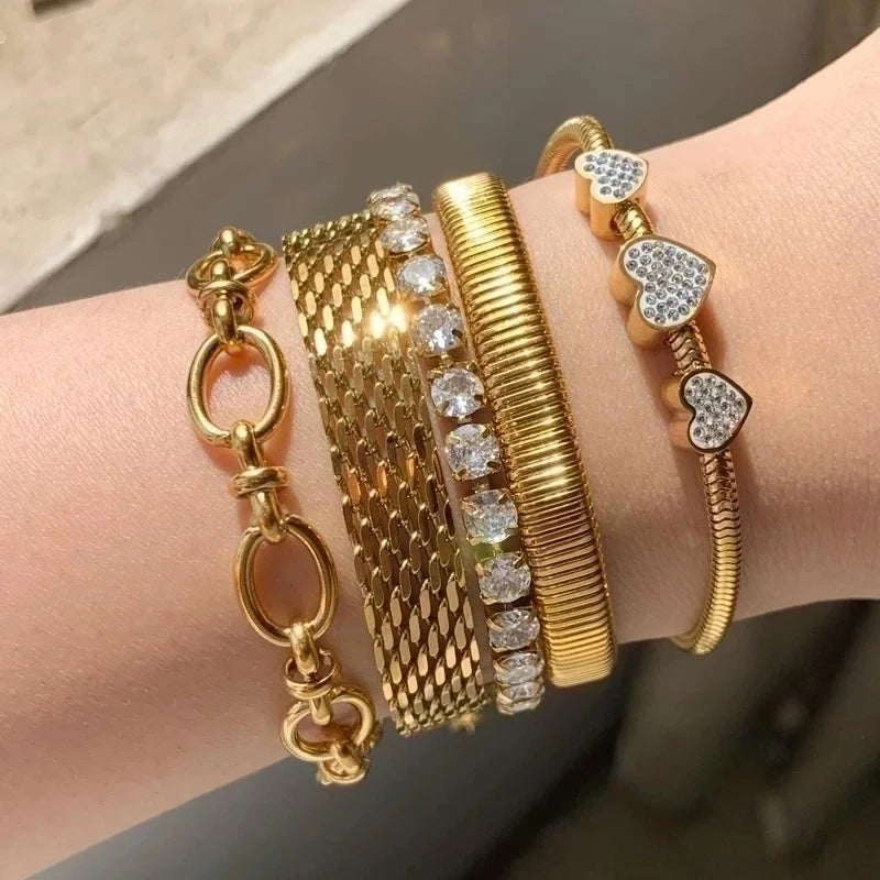 3 Pieces Casual Geometric Heart Shape 304 Stainless Steel 16K Gold Plated White Gold Plated Gold Plated Zircon Bracelets In Bulk