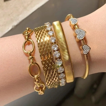 3 Pieces Casual Geometric Heart Shape 304 Stainless Steel 16K Gold Plated White Gold Plated Gold Plated Zircon Bracelets In Bulk