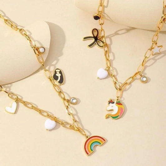 Casual Romantic Rainbow Heart Shape Horse 304 Stainless Steel Acrylic Zircon 18K Gold Plated Enamel Multi Charms Necklace