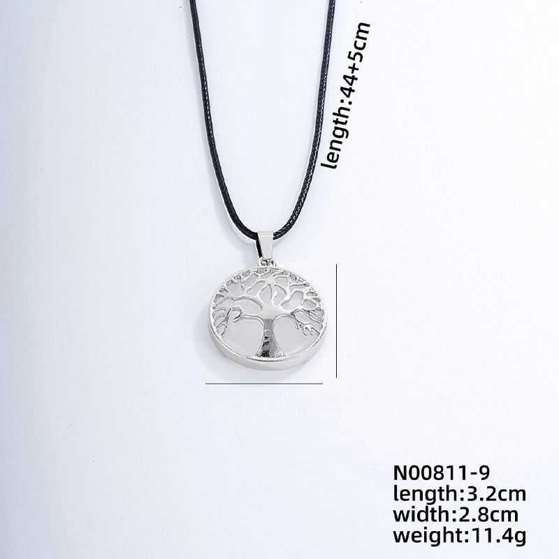 Ig Style Minimalist Round Tree Stainless Steel Natural Stone Leather Rope Inlay Natural Stone Pendant Necklace