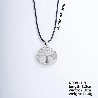 Ig Style Minimalist Round Tree Stainless Steel Natural Stone Leather Rope Inlay Natural Stone Pendant Necklace