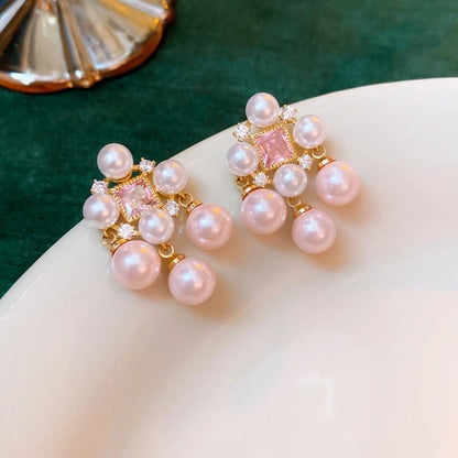 Retro Geometric Copper Inlay Artificial Pearls Zircon Ear Studs 1 Pair