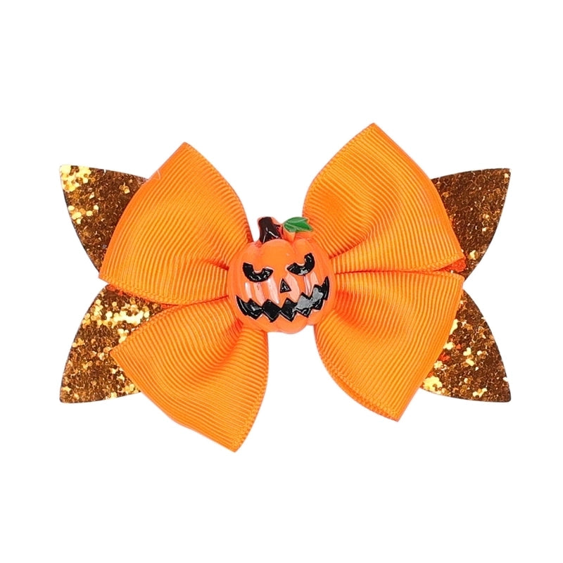 Funny Kid'S Halloween Pattern Pumpkin Bat Ribbon Sequins Bowknot Hair Clip