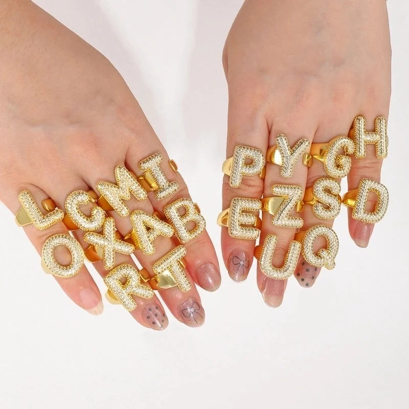 Copper Inlay Letter Zircon Open Rings