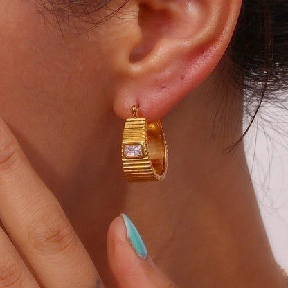 1 Pair Vintage Style Classic Style U Shape Semicircle Stripe Enamel Plating Inlay 304 Stainless Steel Rhinestones 18K Gold Plated Earrings