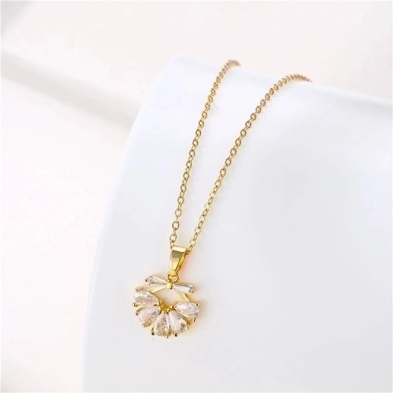 Stainless Steel Titanium Steel 18K Gold Plated Minimalist Plating Inlay Flower Dragonfly Butterfly Zircon Pendant Necklace