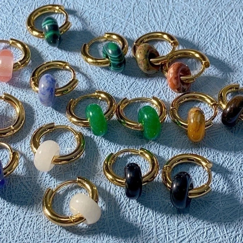 1 Pair Elegant Round Plating 302 Stainless Steel Natural Stone 18K Gold Plated Earrings