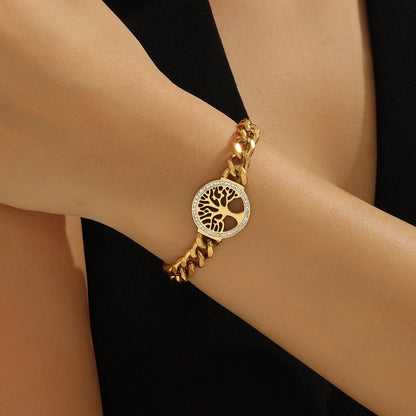 3 Pieces Elegant Four Leaf Clover Life Tree Titanium Steel Cuban Link Chain Curb Chain Bracelets In Bulk