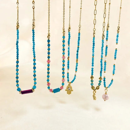 Elegant Geometric 304 Stainless Steel Natural Stone Beaded Chain Cable Chain Pendant Necklace In Bulk