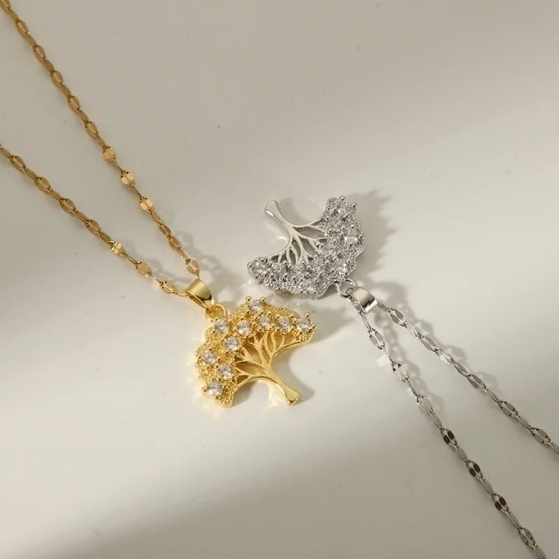 Minimalist Tree Copper Plating Inlay Zircon 18k Gold Plated Pendant Necklace