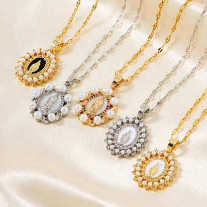 Vintage Style Religion Artistic Round Virgin Mary 304 Stainless Steel Copper Zircon K Gold Plated Inlay Pendant Necklace