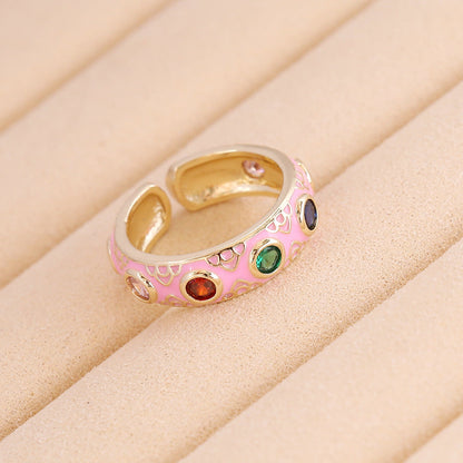 Women Retro Vintage Metal Flower Copper Oil Dripping Rings