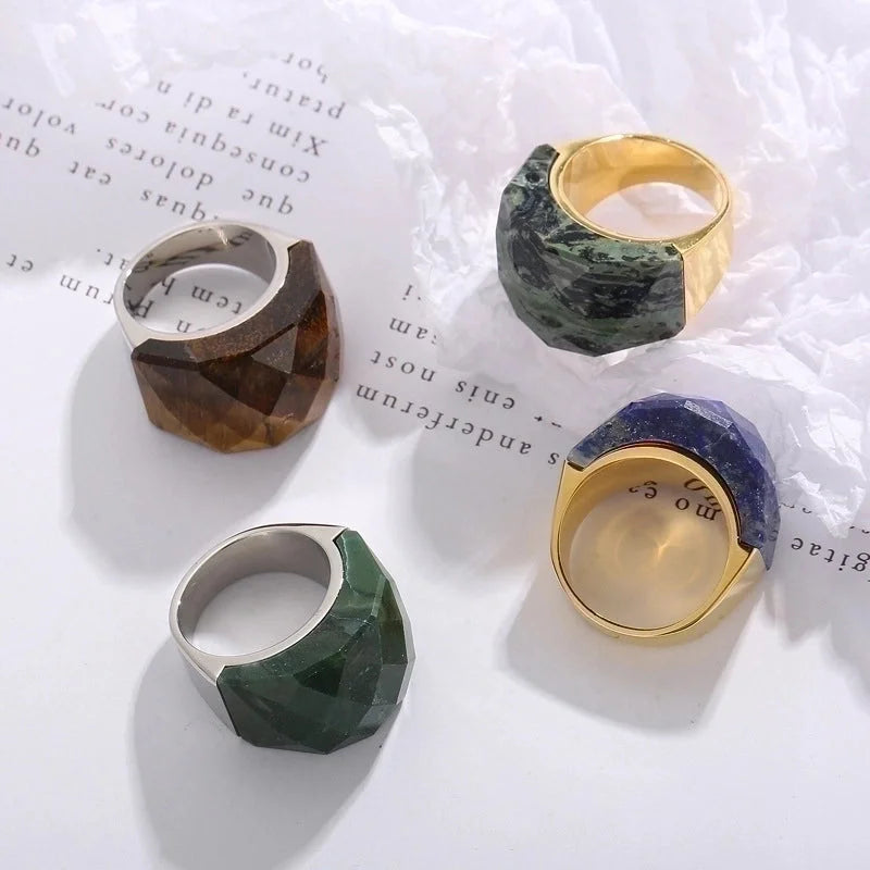 Fashion Round Stainless Steel Plating Inlay Natural Stone Rings 1 Piece