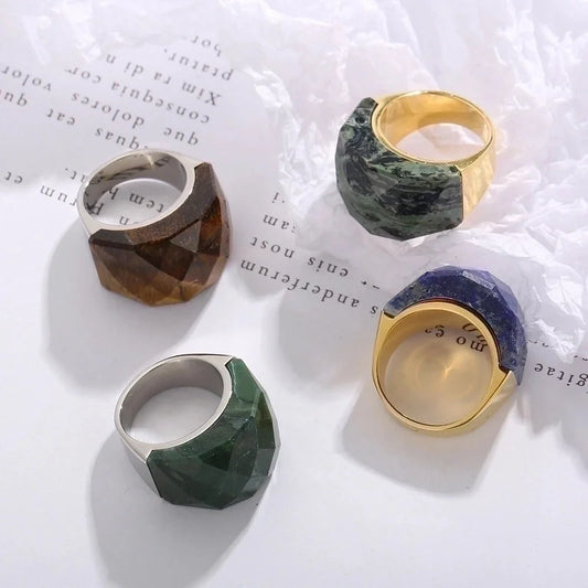 Fashion Round Stainless Steel Plating Inlay Natural Stone Rings 1 Piece