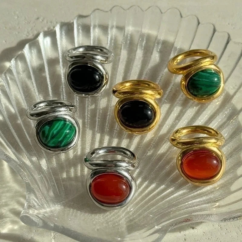 Retro Geometric Titanium Steel Inlay Natural Stone Rings