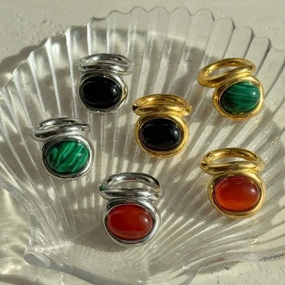 Retro Geometric Titanium Steel Inlay Natural Stone Rings