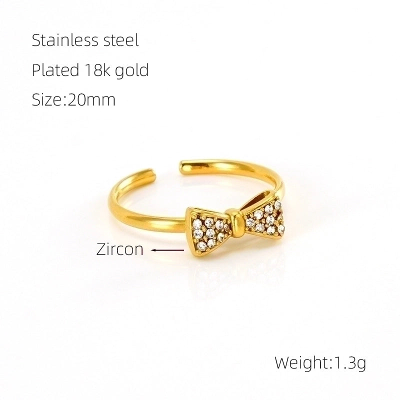 304 Stainless Steel 18K Gold Plated Retro Sweet Plating Inlay Bow Knot Zircon Open Rings