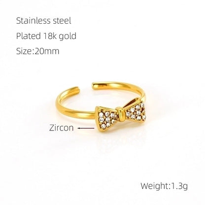 304 Stainless Steel 18K Gold Plated Retro Sweet Plating Inlay Bow Knot Zircon Open Rings