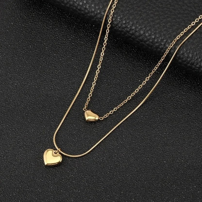 Minimalist Heart Shape Titanium Steel Inlaid Gold Women's Layered Necklaces