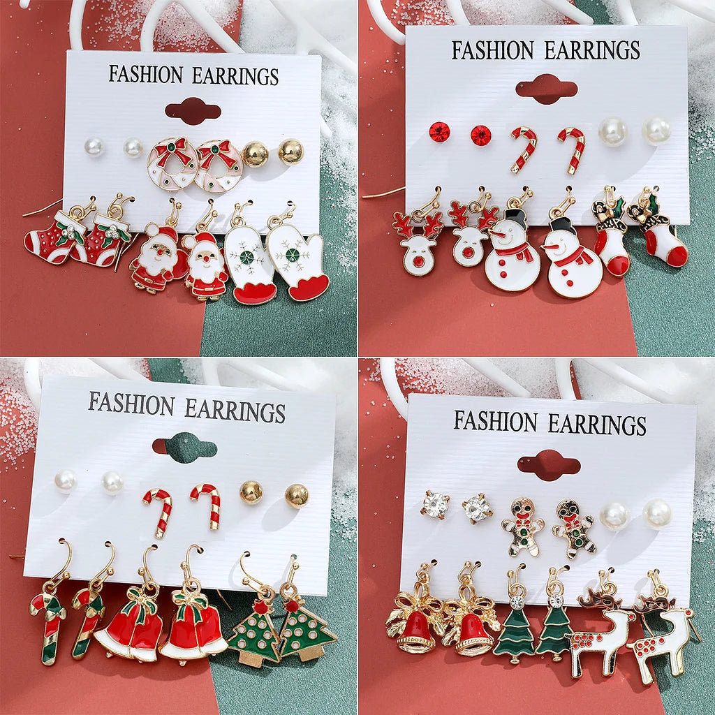 New Christmas Snowman Cane Earrings Set Cartoon Dripping Elk Wreath Earrings