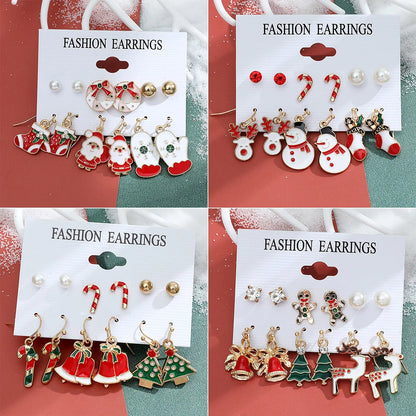 New Christmas Snowman Cane Earrings Set Cartoon Dripping Elk Wreath Earrings
