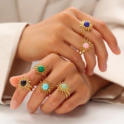 304 Stainless Steel 18K Gold Plated Modern Style Inlay Flower Turquoise Open Rings