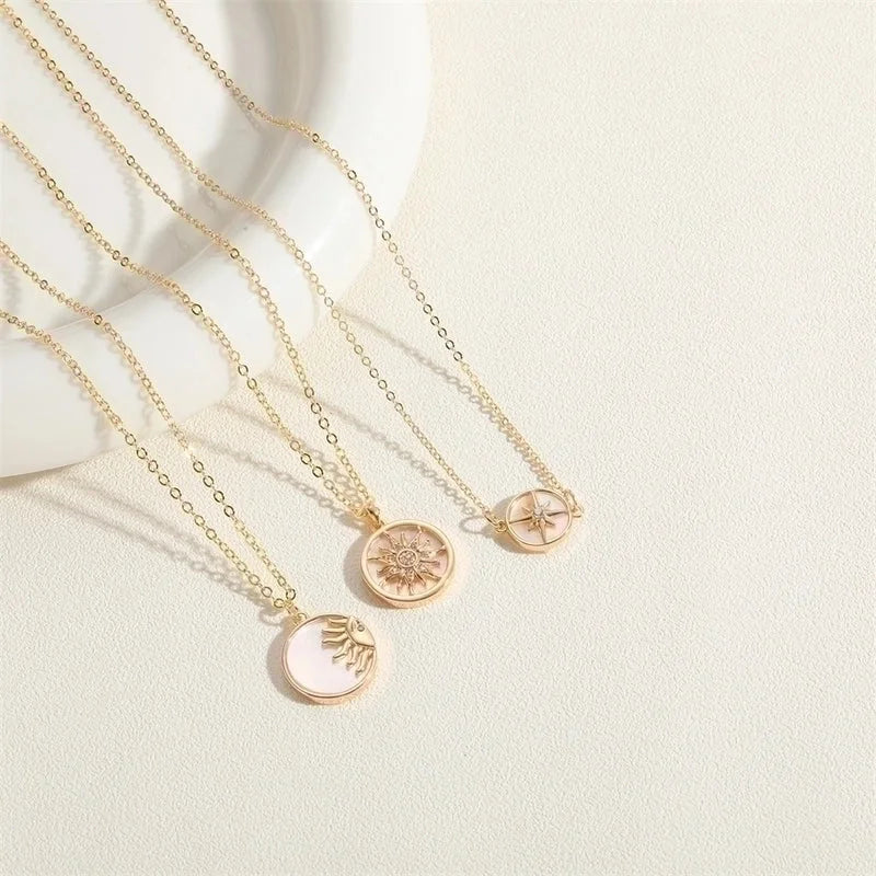 Cute Minimalist Hexagram Sun Copper Plating Inlay Shell Zircon 14k Gold Plated White Gold Plated Pendant Necklace