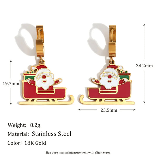 Fashion Cartoon Cute Sleigh Santa Claus Earrings Stainless Steel Plated 18k Gold Christmas Oil Drop Earrings