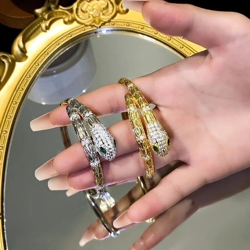 Brass Glam Luxurious Shiny Plating Inlay Snake Zircon Bangle