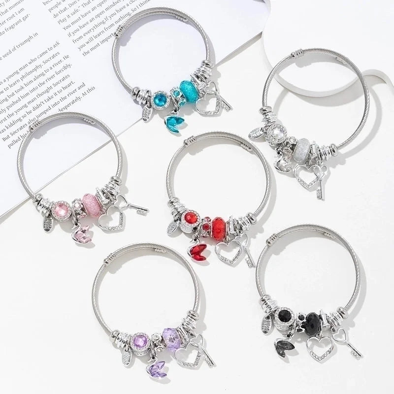 2 Pieces Elegant Lady Heart Shape Butterfly 304 Stainless Steel Alloy Bangle In Bulk