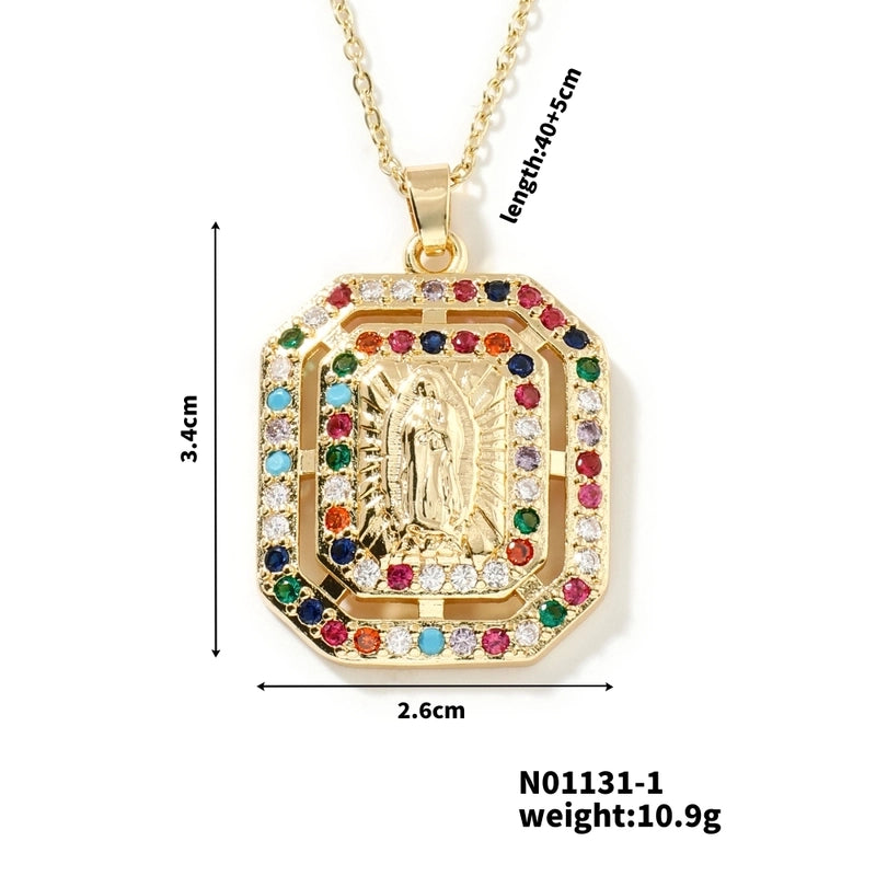 Vintage Style Classic Style Geometric Round Virgin Mary 304 Stainless Steel Copper Zircon K Gold Plated Inlay Pendant Necklace