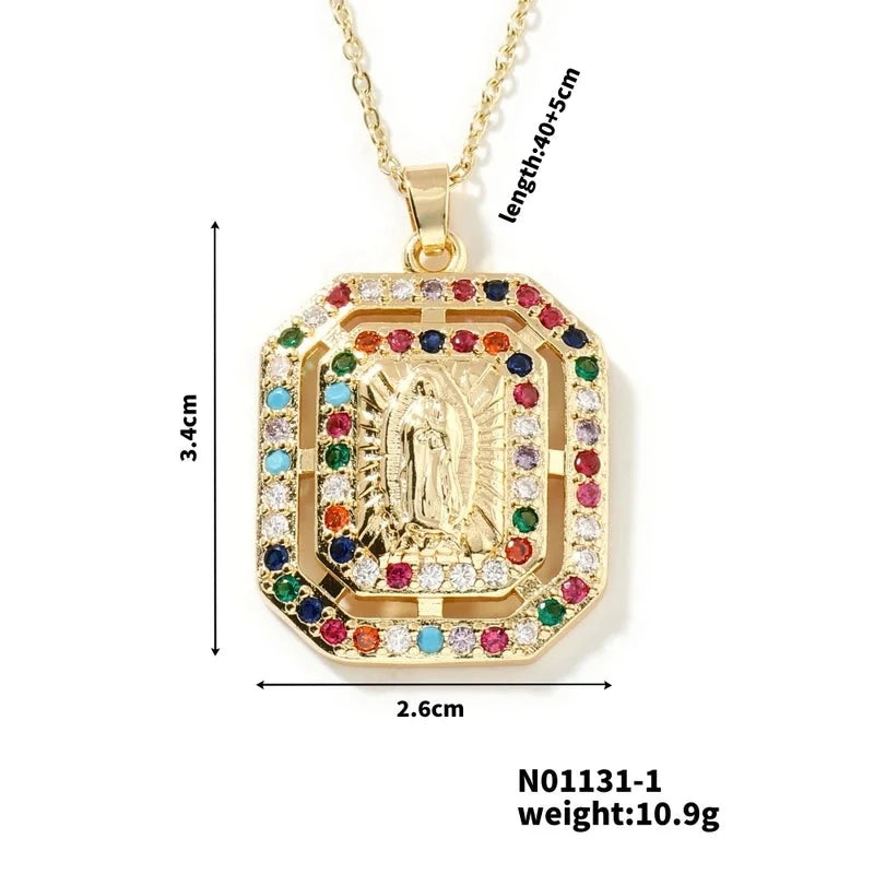 Vintage Style Classic Style Geometric Round Virgin Mary 304 Stainless Steel Copper Zircon K Gold Plated Inlay Pendant Necklace