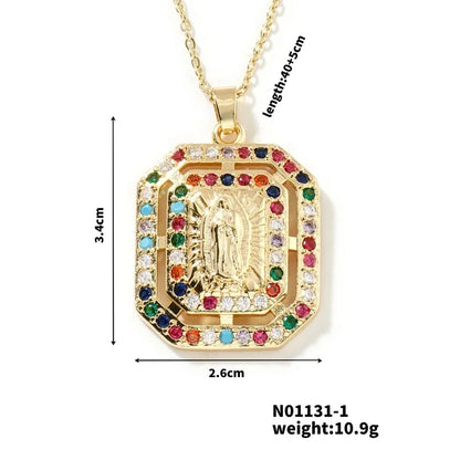 Vintage Style Classic Style Geometric Round Virgin Mary 304 Stainless Steel Copper Zircon K Gold Plated Inlay Pendant Necklace