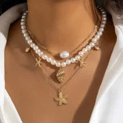 Marine Style Starfish Shell Imitation Pearl Alloy Copper Pendant Necklace