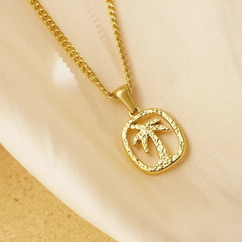 Beach Coconut Tree 304 Stainless Steel 18K Gold Plated Plating Hollow Out Pendant Necklace