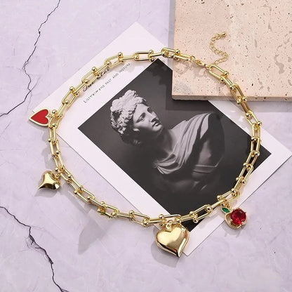 IG Style Cherry Heart Shape Strawberry Copper Zircon 18K Gold Plated Polishing Enamel Plating Bracelets Necklace Jewelry Set