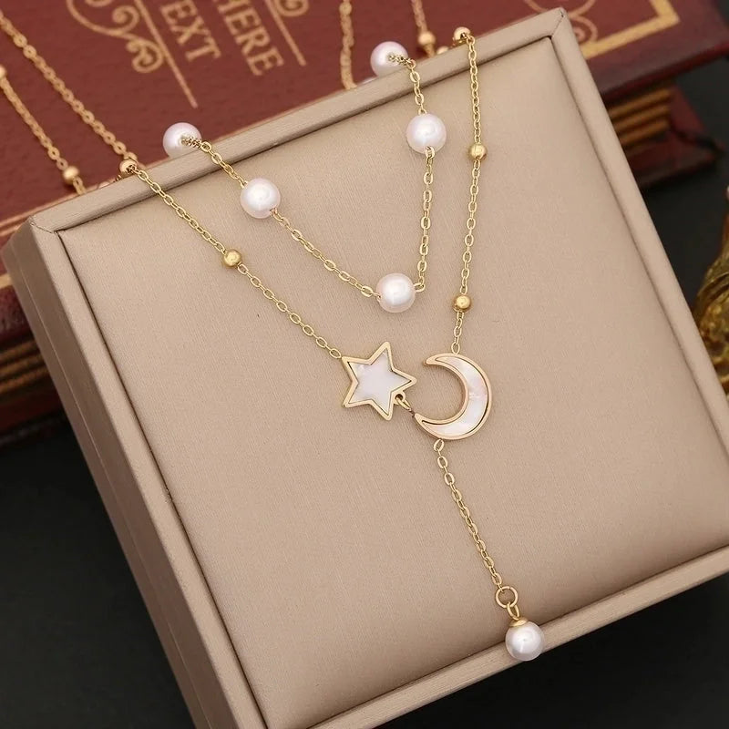 Stainless Steel 18K Gold Plated Casual Minimalist Pearl Inlay Star Moon Shell Bracelets Earrings Necklace