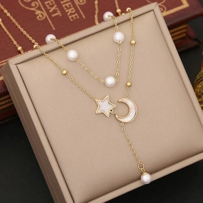 Stainless Steel 18K Gold Plated Casual Minimalist Pearl Inlay Star Moon Shell Bracelets Earrings Necklace