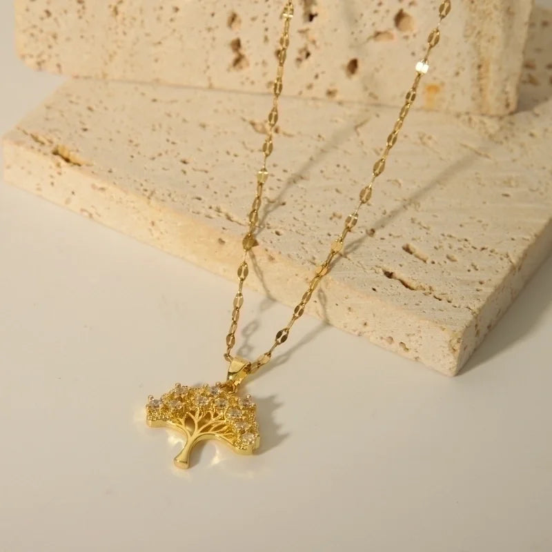 Minimalist Tree Copper Plating Inlay Zircon 18k Gold Plated Pendant Necklace