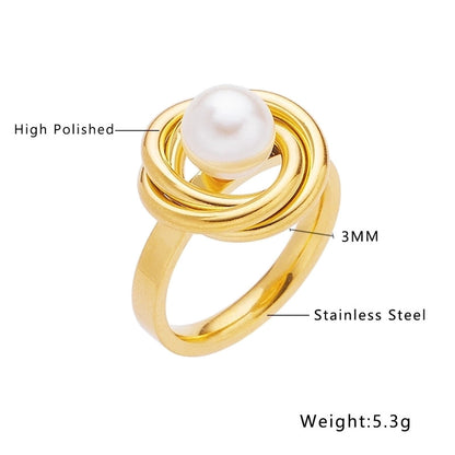 IG Style Minimalist Geometric Titanium Steel Pearl Zircon Inlay Rings