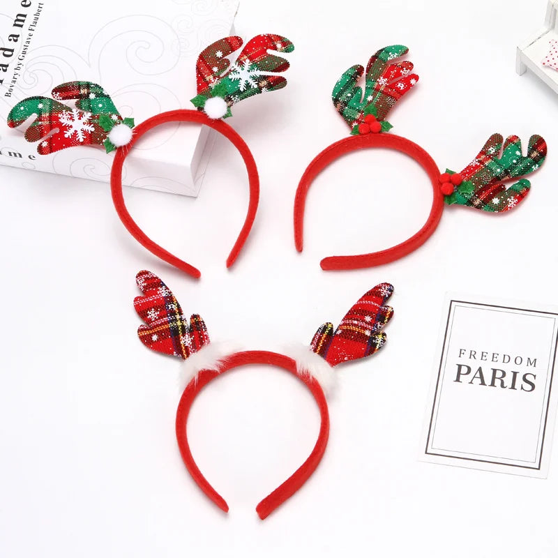 6 Pieces Rl481 Christmas Antler Headband Printed Plaid Fabric Three Styles Antler Headband Christmas Decoration