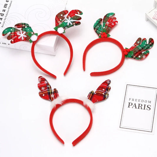 6 Pieces Rl481 Christmas Antler Headband Printed Plaid Fabric Three Styles Antler Headband Christmas Decoration