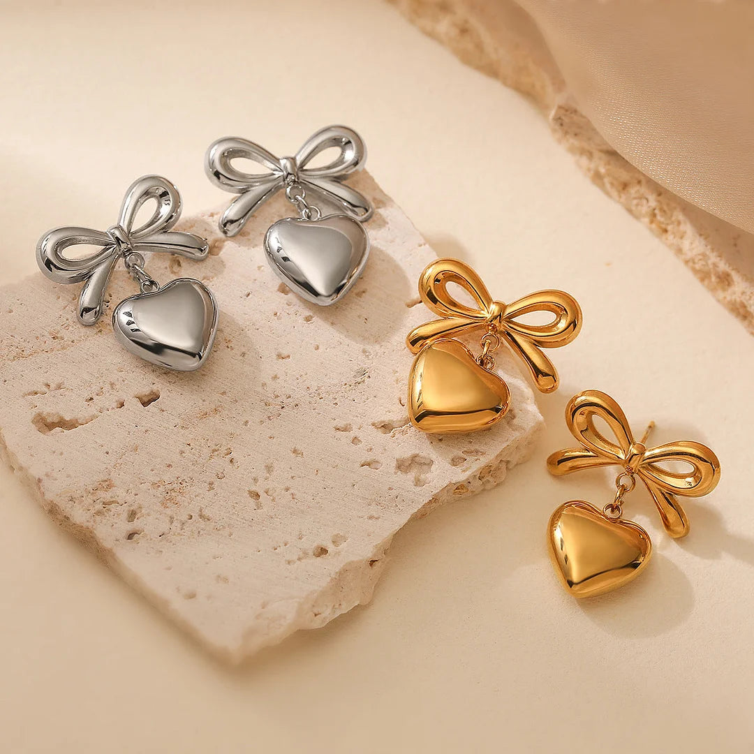Minimalist Heart Bowknot Geometric Stainless Steel Drop Earrings